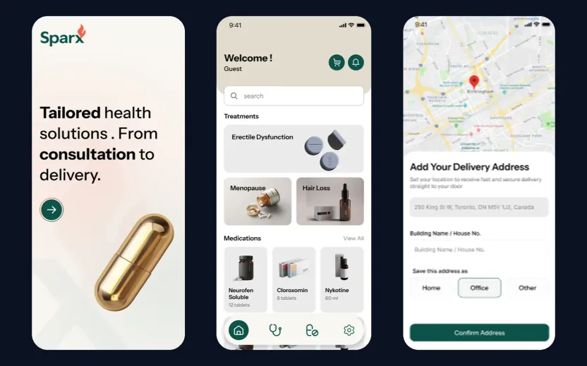 Three Sparx app screens: the welcome screen (Tailored health solutions. From consultation to delivery.), the home screen with treatments and medications, and adding a delivery address on a map
