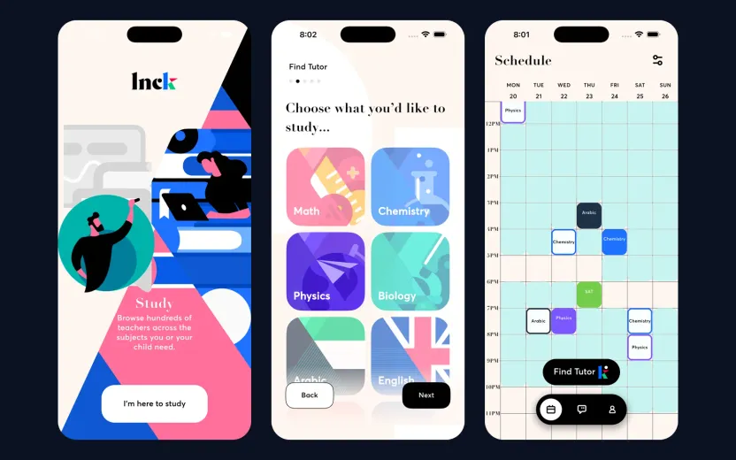 Three Inck app screens: the Study welcome with the Inck logo, the Find Tutor subject picker, and the weekly class schedule