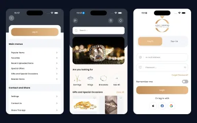 Gold & Diamond app screens: the main menu, the home screen with a diamond ring banner and jewellery categories, and the log-in screen