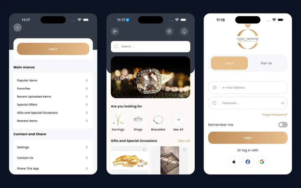 Gold & Diamond app screens: the main menu, the home screen with a diamond ring banner and jewellery categories, and the log-in screen