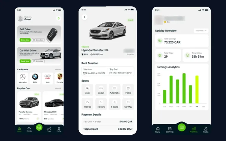 Three Qargo app screens: the home screen with Self Drive and Car With Driver, a Hyundai Sonata rental with its specs and QAR price, and the driver app's weekly earnings