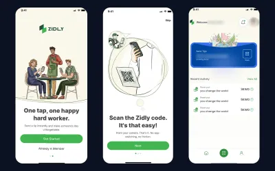 Three Zidly app screens: the One tap, one happy hard worker onboarding, Scan the Zidly code, and a recipient's recent tips in KWD