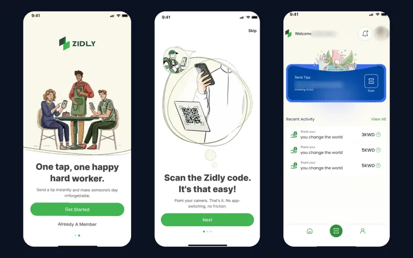Three Zidly app screens: the One tap, one happy hard worker onboarding, Scan the Zidly code, and a recipient's recent tips in KWD