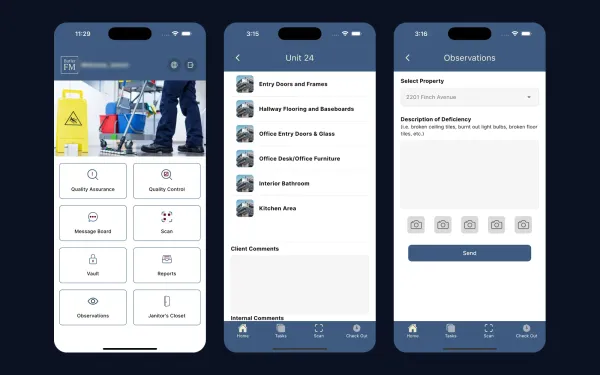 ButlerFM mobile app screens: the home menu, the inspection areas for a unit, and the observations form