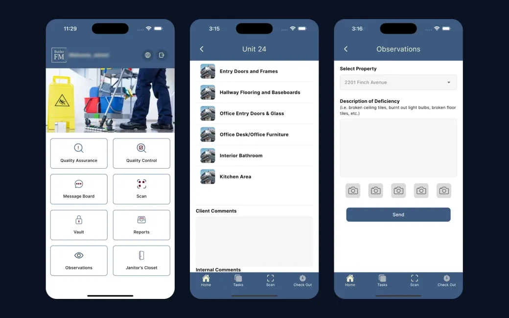 ButlerFM mobile app screens: the home menu, the inspection areas for a unit, and the observations form