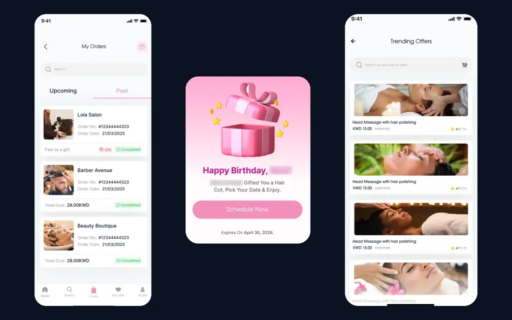 Spoiled app screens: My Orders with past salon bookings, a Happy Birthday gift card to schedule a haircut, and Trending Offers priced in KWD