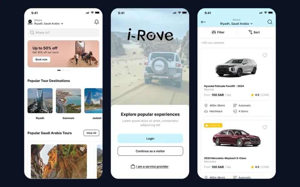 Three i-Rove app screens: the home screen with Saudi tour destinations, the welcome screen with the i-Rove logo, and the car rental list for Riyadh