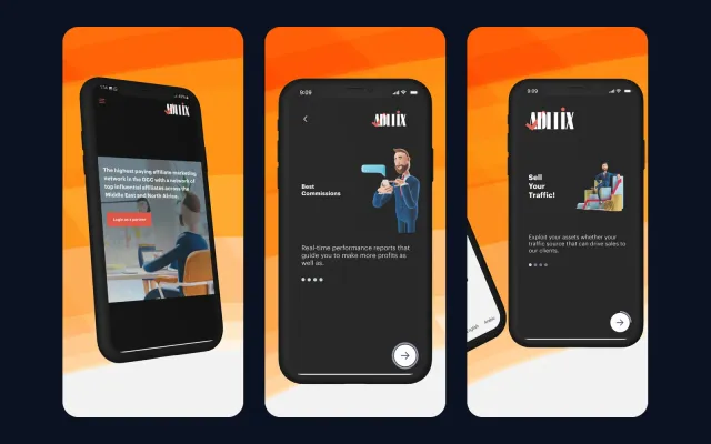 Three Adltix app screens: the affiliate network landing page, Best Commissions and Sell Your Traffic