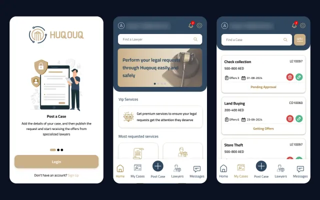 HUQOUQ app screens: the Post a Case onboarding, the home screen with VIP and requested services, and My Cases with budgets in AED
