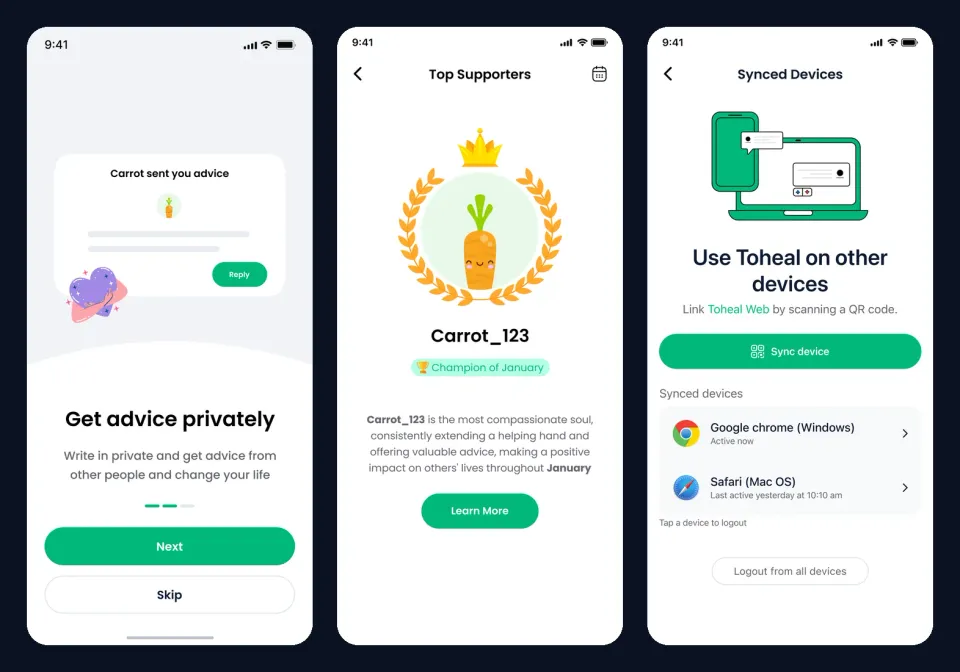 Three Toheal app screens: Get advice privately, the Top Supporters champion of the month, and Use Toheal on other devices