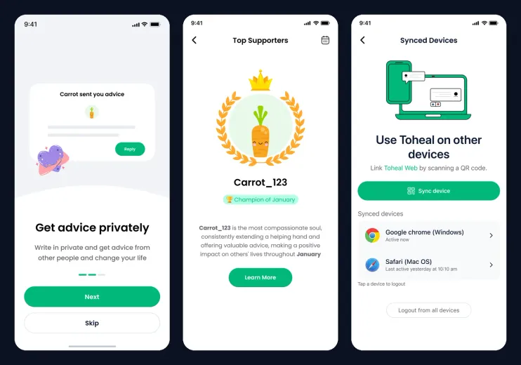 Three Toheal app screens: Get advice privately, the Top Supporters champion of the month, and Use Toheal on other devices