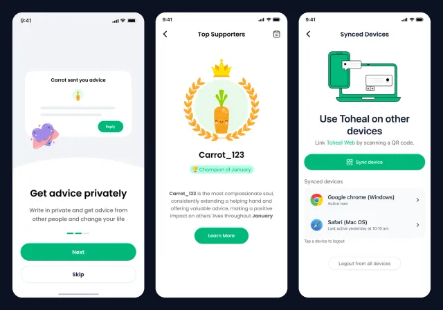 Three Toheal app screens: Get advice privately, the Top Supporters champion of the month, and Use Toheal on other devices