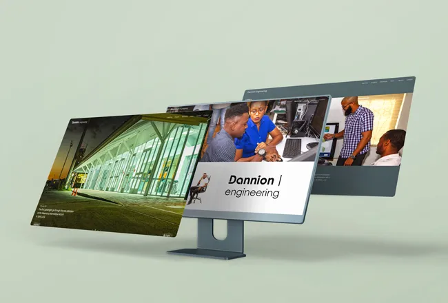 Dannion Engineering website pages shown on three floating screens
