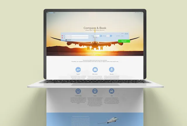 CombiTrip "Compare & Book" travel search homepage on a laptop
