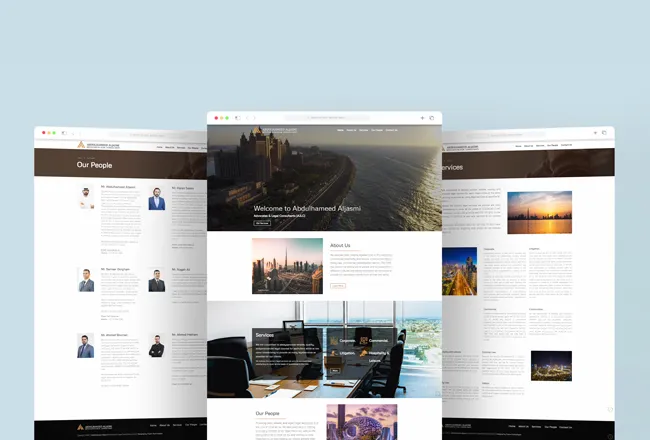 Abdulhameed Aljasmi law firm website home, Our People and Services pages in browser mockups