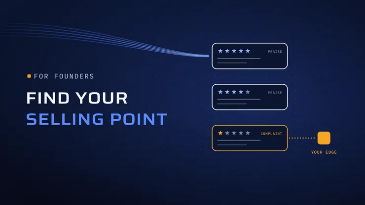 ثلاث بطاقات تقييم: اثنتان بتقييم مرتفع، وثالثة بنجمة واحدة تحمل شكوى وتقود إلى مربع برتقالي يمثّل ميزتك التنافسية.