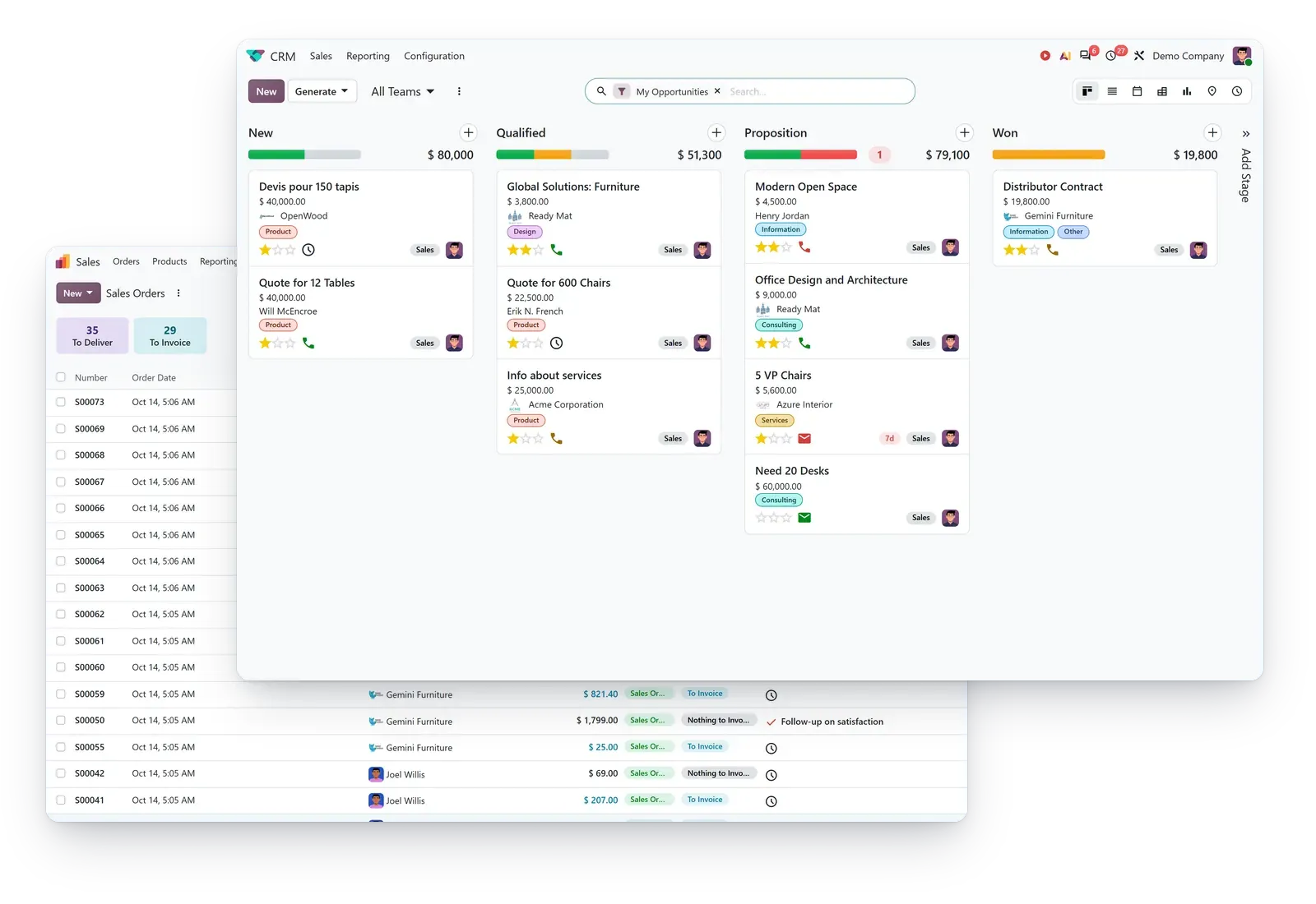 Odoo 20 CRM pipeline in front of the Sales orders list, from Odoo's public demo with sample data